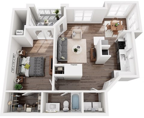 3D floor plan of a one bedroom one bathroom apartment at Cambridge Apartments in Raleigh, NC